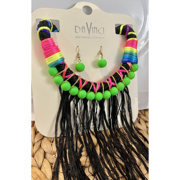 Da Vinci Neon Dangling Black Fringe Necklace/Earring Set Punk 80s Rocker - Picture 2 of 7